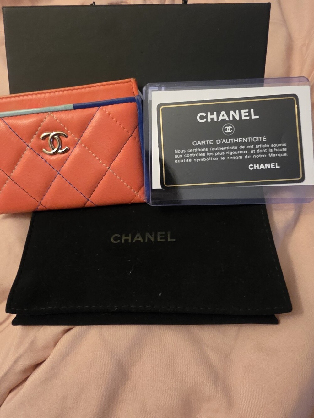CHANEL Coral-Orange Quilted Leather Card & Key Holder with Silver CC